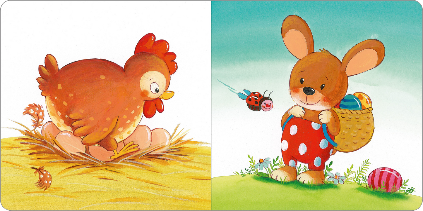 Gezeigt wird eine Innen- oder Zusatzansicht von „Schau mal, endlich Frühling!“. Auf der linken Seite ist ein bräunliches Huhn mit roten Federn zu sehen, das vorsichtig aus einem Nest schaut, umgeben von gelbem Stroh. Die rechte Seite zeigt einen niedlichen Hasen mit einem geflochtenen Korb. Der Hase trägt eine gestreifte Weste mit roten Punkten und schaut etwas überrascht in die Luft, wo ein Käfer schwebt. Der Hintergrund ist in fröhlichen, hellen Farben gehalten, was eine...