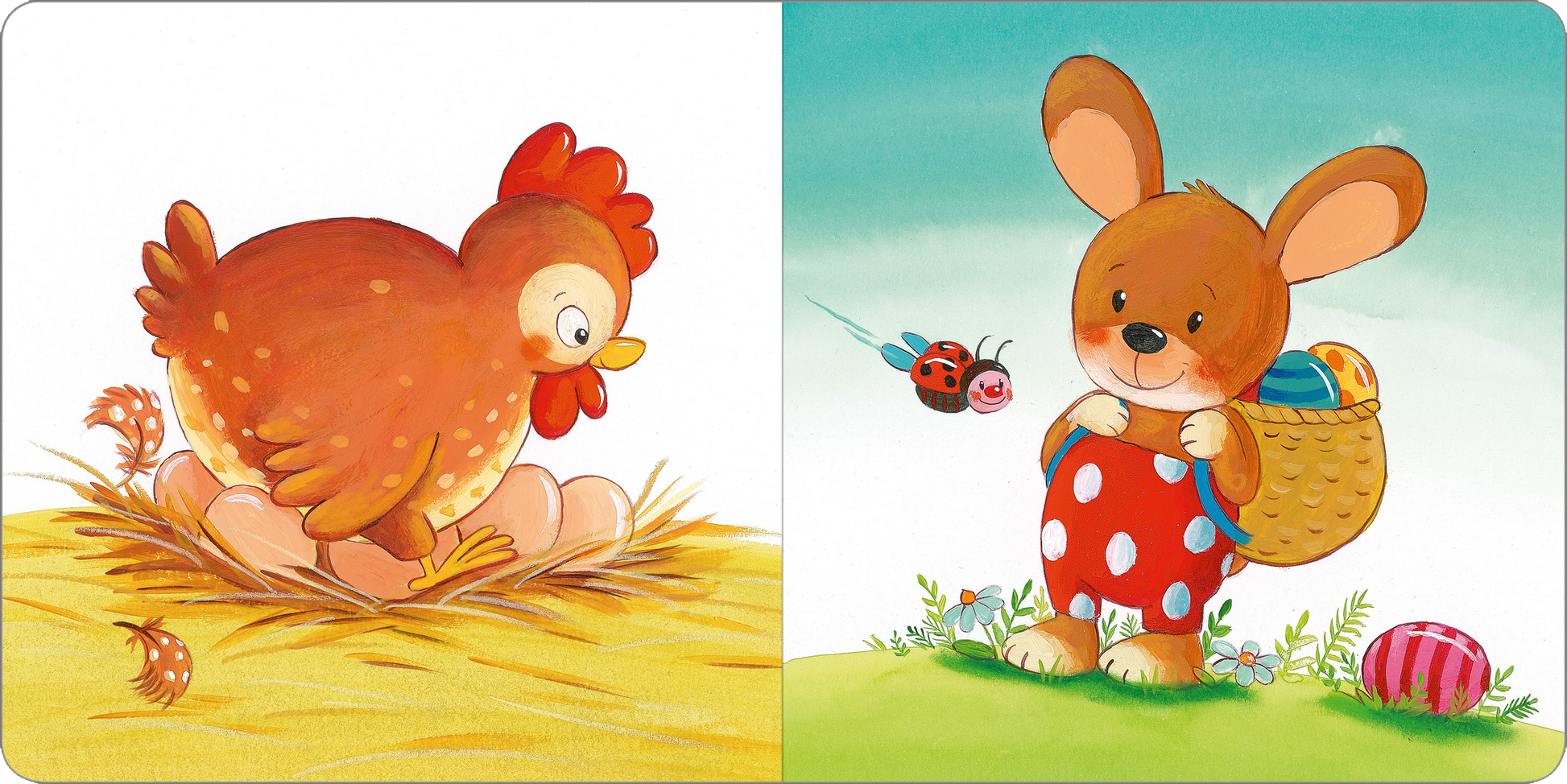 Gezeigt wird eine Innen- oder Zusatzansicht von „Schau mal, endlich Frühling!“. Auf der linken Seite ist ein bräunliches Huhn mit roten Federn zu sehen, das vorsichtig aus einem Nest schaut, umgeben von gelbem Stroh. Die rechte Seite zeigt einen niedlichen Hasen mit einem geflochtenen Korb. Der Hase trägt eine gestreifte Weste mit roten Punkten und schaut etwas überrascht in die Luft, wo ein Käfer schwebt. Der Hintergrund ist in fröhlichen, hellen Farben gehalten, was eine...