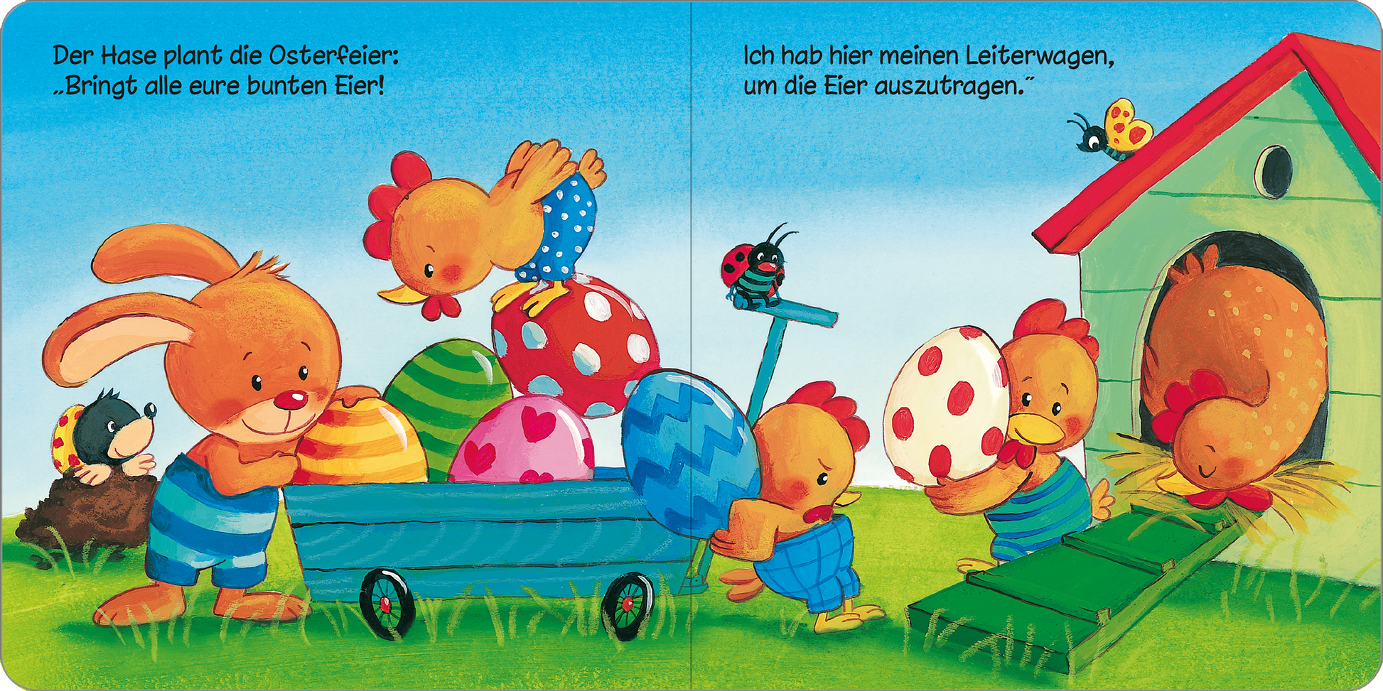 Gezeigt wird eine Innen- oder Zusatzansicht von „Osterhase, nimm mich mit!“. Die Illustration zeigt einen bunten, fröhlichen Garten mit einem Hasen und mehreren Vögeln, die Ostereier sammeln und transportieren. Der Hase zieht einen Wagen voller bunter Eier in verschiedenen Farben und Mustern, während ein Vogel auf einer Leiter steht und ein weiteres Ei trägt. Die Farben sind lebhaft, vorwiegend in Gelb, Blau, Rot und Grün. Die Schrift ist groß und klar lesbar, um die Botschaft...