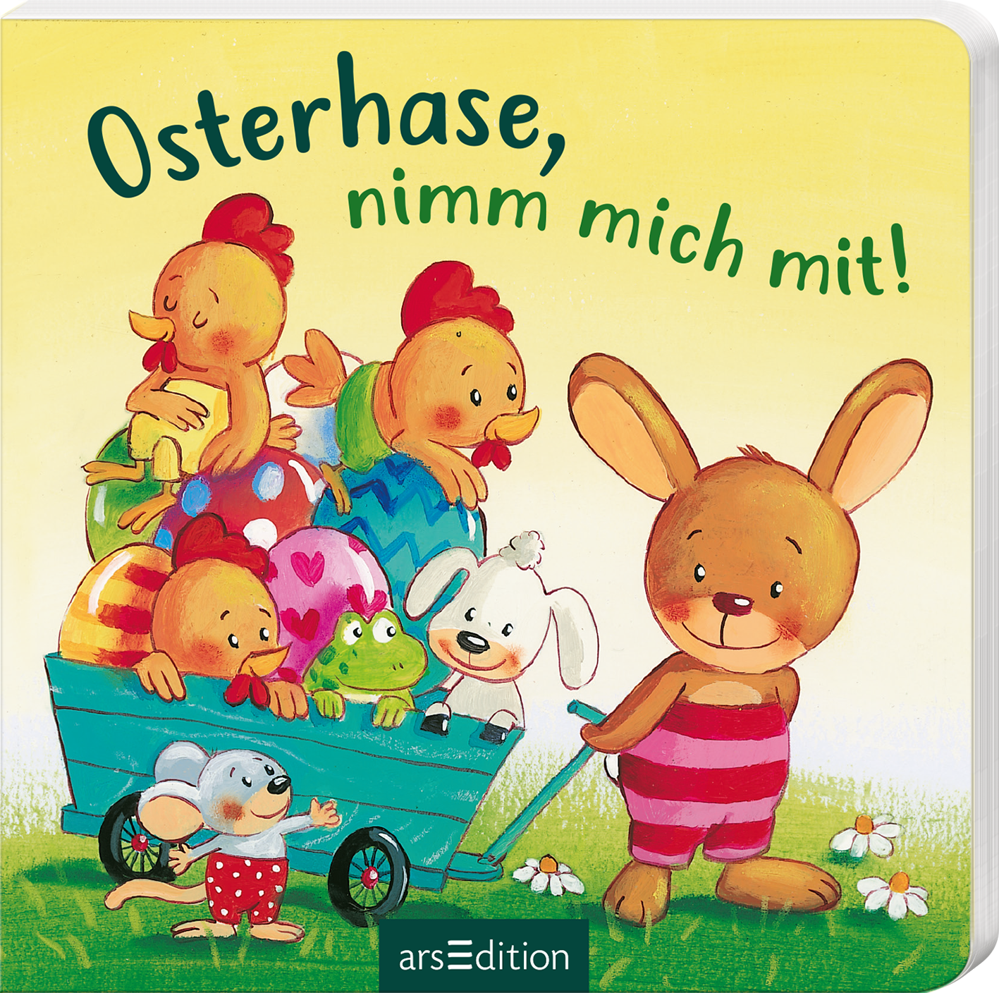 Auf dem Buchcover „Osterhase, nimm mich mit!“ von arsEdition ist ein fröhlicher, brauner Hase in roten gestreiften Shorts abgebildet. Um ihn herum versammeln sich bunte Tiere, darunter Hühner, ein Hund, eine Maus und ein Frosch, die in einem Wagen mit bunten Eiern unterwegs sind. Der Hintergrund ist in sanften Gelbtönen gehalten und vermittelt eine fröhliche, österliche Atmosphäre. Ganz oben steht der Titel in verspielter, grüner Schrift. Ganz unten mittig steht der Logoschriftzug...