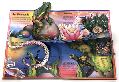Gezeigt wird eine Innen- oder Zusatzansicht von „Das unglaubliche Pop-up-Buch – Am Wasser“. Die Darstellung zeigt lebendige Farben mit einem Fokus auf Grüntönen und verschiedenen Blauschattierungen, die die Wasseroberfläche andeuten. Pop-up-Elemente wie ein großer, gefärbter Frosch, eine Lotusblüte und Tierzeichnungen sind hervorstechend. Die Typografie ist klar und gut lesbar, mit informativen Textbereichen in gelb-orangefarbener Schrift, die die Illustrationen ergänzen.