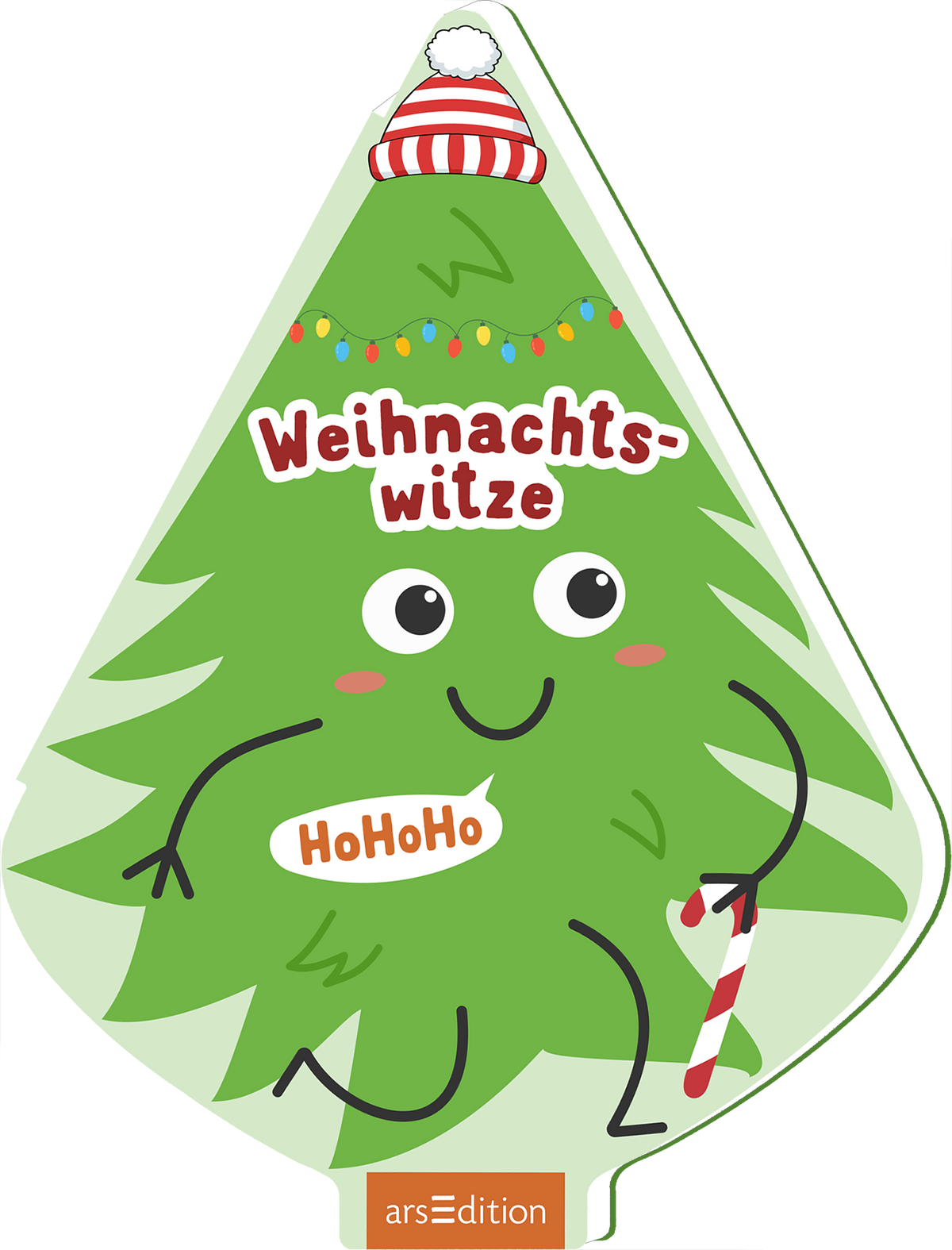Fröhlich verspieltes Cover zeigt einen grün gezeichneten Tannenbaum in tropfenförmiger Silhouette auf weißem Grund, mit rotweißer Bommelmütze, bunter Lichterkette und rotweißer Zuckerstange. Der Baum hat große weiße Augen, rosa Wangen und lächelnde Mundlinie, schwarze Stricharme. Titel „Weihnachtswitze“ in runder, fetter weißer Schrift mit rotem Rand; Sprechblase mit „HoHoHo“ in oranger Schrift. Ganz unten mittig steht der Logoschriftzug von arsEdition.