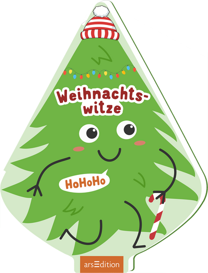 Fröhlich verspieltes Cover zeigt einen grün gezeichneten Tannenbaum in tropfenförmiger Silhouette auf weißem Grund, mit rotweißer Bommelmütze, bunter Lichterkette und rotweißer Zuckerstange. Der Baum hat große weiße Augen, rosa Wangen und lächelnde Mundlinie, schwarze Stricharme. Titel „Weihnachtswitze“ in runder, fetter weißer Schrift mit rotem Rand; Sprechblase mit „HoHoHo“ in oranger Schrift. Ganz unten mittig steht der Logoschriftzug von arsEdition.