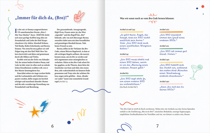 Gezeigt wird eine Innenansicht von „Mit dir kann ich die Welt erobern“. Die Doppelseite präsentiert farbenfrohe, handschriftlich gestaltete Textabschnitte in Blau und Orange sowie dekorative, verspielte Icons wie Sterne, Peace-Zeichen und geschwungene Linien. Die Schriftart ist modern und gut lesbar, wodurch die Inhalte ansprechend und einladend wirken. Die Aufteilung bietet einen angenehmen Kontrast zwischen den Texten und den Illustrationen, um die wichtigen Informationen hervorzuheben.