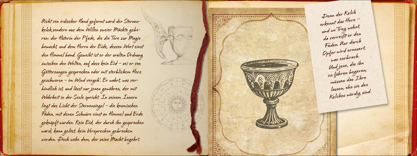 Gezeigt wird eine Innen- oder Zusatzansicht von „Love of a fallen God“. Die Seite links zeigt handgeschriebene Texte in einer eleganten, gut lesbaren Schrift in Dunkelbraun auf cremefarbenem Hintergrund. Rechts befindet sich ein skizzenhaftes Bild eines antiken Kelches in Schwarz und Weiß vor einem zarten, ornamentalen Rahmen. Die Schrift ist in einem klaren, modernen Stil und weist eine harmonische Farbgestaltung auf, die die mystische Atmosphäre des Buches unterstützt.