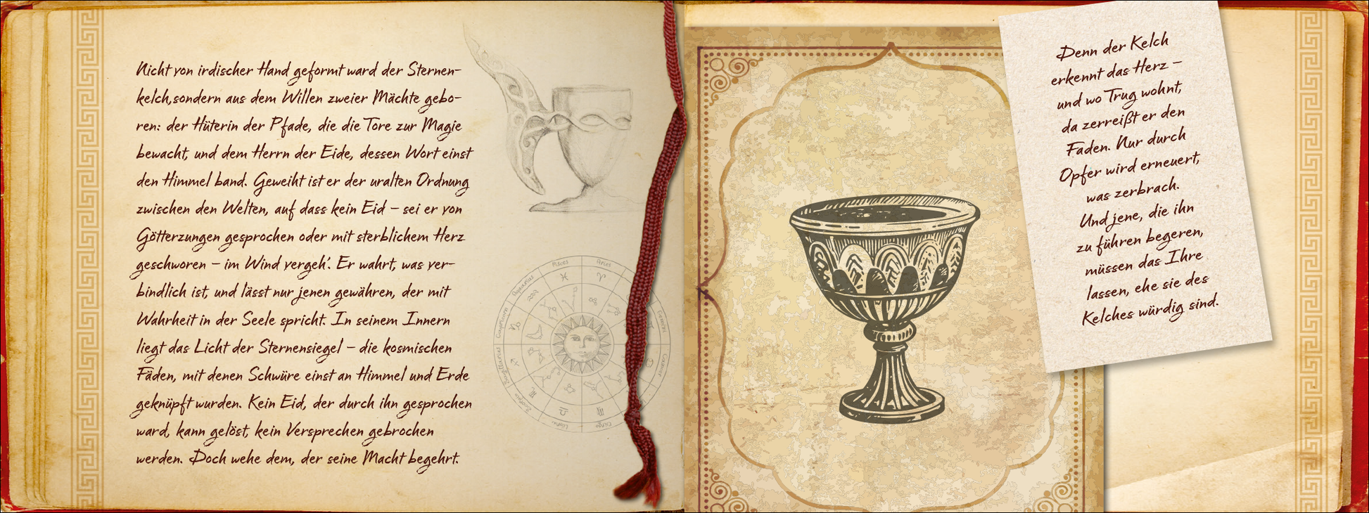 Gezeigt wird eine Innen- oder Zusatzansicht von „Love of a fallen God“. Die Seite links zeigt handgeschriebene Texte in einer eleganten, gut lesbaren Schrift in Dunkelbraun auf cremefarbenem Hintergrund. Rechts befindet sich ein skizzenhaftes Bild eines antiken Kelches in Schwarz und Weiß vor einem zarten, ornamentalen Rahmen. Die Schrift ist in einem klaren, modernen Stil und weist eine harmonische Farbgestaltung auf, die die mystische Atmosphäre des Buches unterstützt.