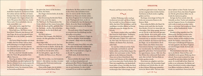 Gezeigt wird eine Innenansicht von „Love of a fallen God“. Die Seite ist in sanften Beigetönen gehalten, die den Hintergrund bilden. Der Text ist in einer eleganten, serifenbetonten Schrift in dunkler Braunfarbe gesetzt, was die Lesbarkeit unterstützt. Zwischen den Absätzen finden sich geschwungene Linien in einem zarten Rot, die visuelle Akzente setzen. Auf der linken Seite befindet sich der Titel „Einleitung“, der auffällig und klar gestaltet ist, während der Text auf beiden...