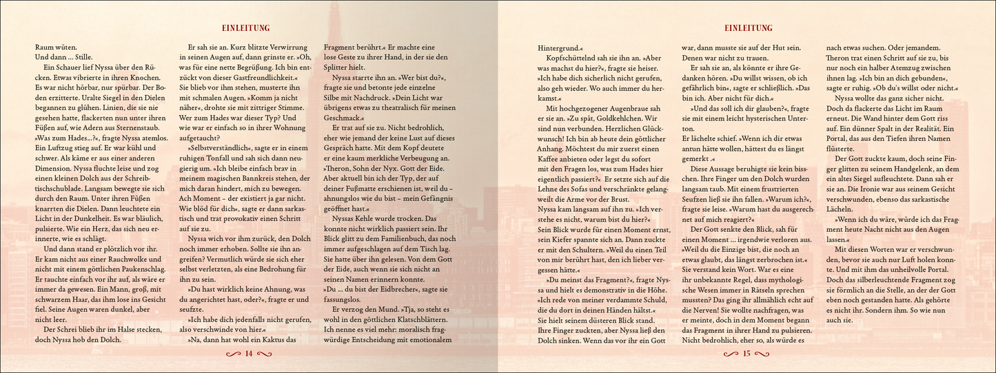 Gezeigt wird eine Innenansicht von „Love of a fallen God“. Die Seiten sind beige und zeigen einen sanften Farbverlauf in rotem und hell-rose Ton. Die Typografie ist gut lesbar, mit klaren serifenlosen Schriften in schwarzer Farbe. Der Text ist in mehrere Absätze unterteilt, die durch eine großzügige Zeilenhöhe eine angenehme Lesbarkeit erzeugen. Im Hintergrund sind schemenhafte, grafische Elemente angedeutet, die dem Design Tiefe verleihen.