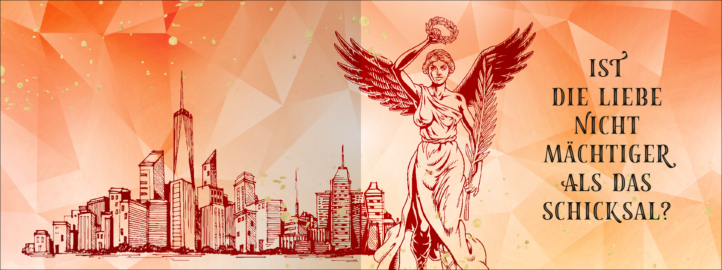 Gezeigt wird eine Innen- oder Zusatzansicht von „Love of a fallen God“. Die Gestaltung umfasst eine stilisierte Skyline mit Gebäuden in rot und schwarz an der linken Seite. Rechts steht eine figürliche Darstellung einer geflügelten Statue, die eine Krone hält. Die Farben sind warm und kräftig, mit einem orangefarbenen Hintergrund und geometrischen Formen. Der Schriftzug „IST DIE LIEBE NICHT MÄCHTIGER ALS DAS SCHICKSAL?“ ist in markanter, dunkler Typografie platziert.