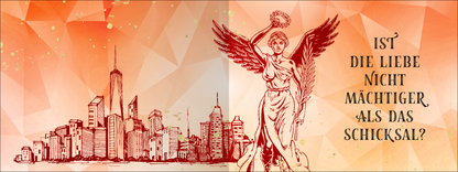 Gezeigt wird eine Innen- oder Zusatzansicht von „Love of a fallen God“. Die Gestaltung umfasst eine stilisierte Skyline mit Gebäuden in rot und schwarz an der linken Seite. Rechts steht eine figürliche Darstellung einer geflügelten Statue, die eine Krone hält. Die Farben sind warm und kräftig, mit einem orangefarbenen Hintergrund und geometrischen Formen. Der Schriftzug „IST DIE LIEBE NICHT MÄCHTIGER ALS DAS SCHICKSAL?“ ist in markanter, dunkler Typografie platziert.