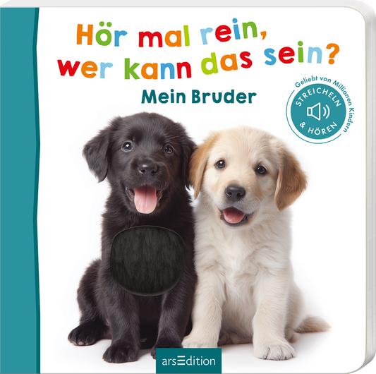 Das Buchcover zeigt zwei süße Labradorwelpen, einen schwarzen und einen hellen, die fröhlich in die Kamera schauen. Der Titel „Hör mal rein, wer kann das sein?“ ist in bunten, verspielten Buchstaben gestaltet und zieht sofort die Aufmerksamkeit auf sich. Darunter steht der Text „Mein Bruder“ in einer klaren, gut lesbaren Schrift. Ein blauer Button mit der Aufschrift „STREICHELN & HÖREN“ ergänzt das Design. Ganz unten mittig steht der Logoschriftzug von arsEdition.