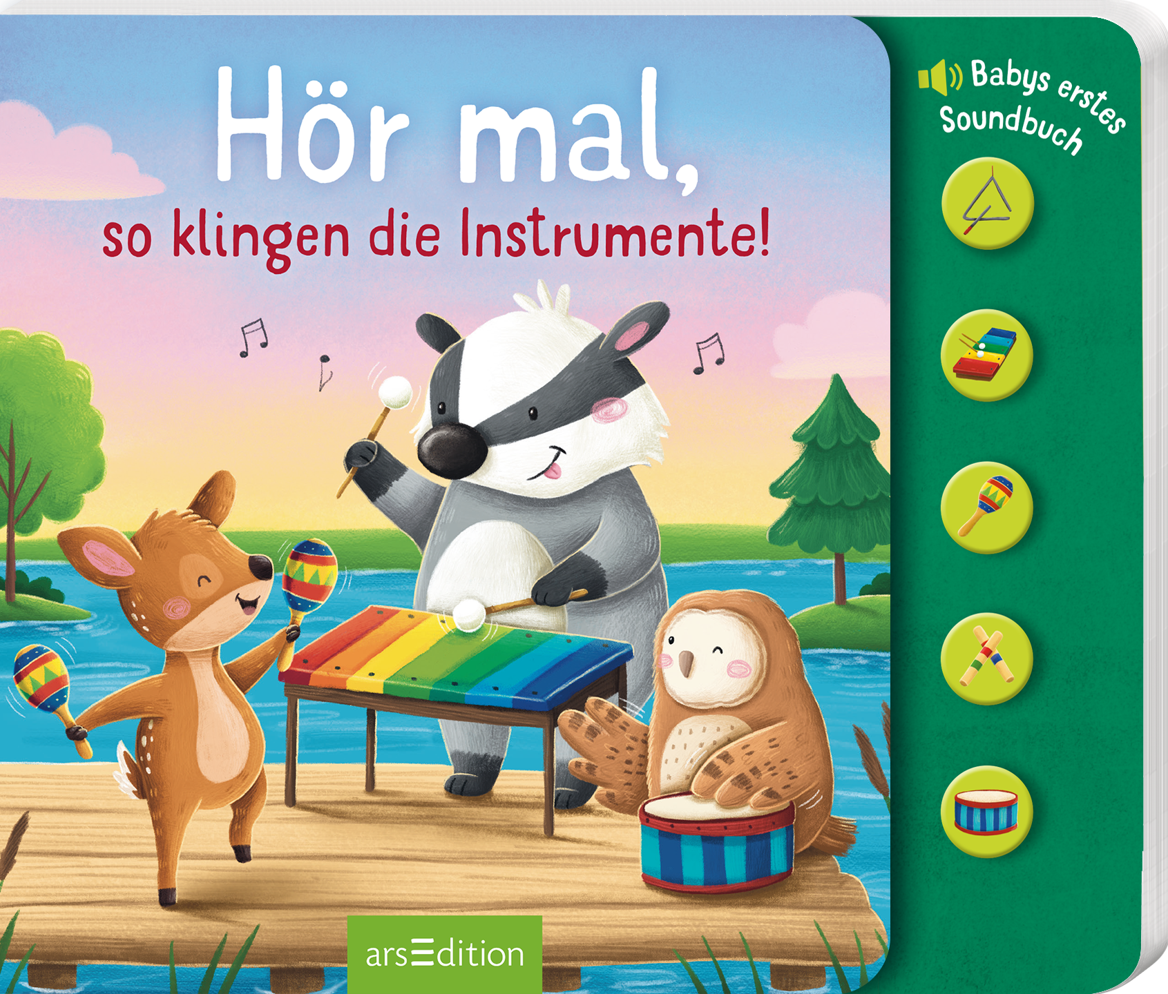 Das Buchcover zeigt eine lebendige, farbenfrohe Szene mit einem Waschbären, einem Reh und einer Eule, die an einem Tisch mit einem Xylophon musizieren. Die Tiere sind fröhlich und lebhaft dargestellt, umgeben von einer grünen Landschaft und einem blauen Himmel. Der Titel „Hör mal, so klingen die Instrumente!“ ist in verspielter, weißer Schrift platziert. Auf der rechten Seite befindet sich ein grüner Button mit dem Text „Babys erstes Soundbuch“. Ganz unten mittig steht der...
