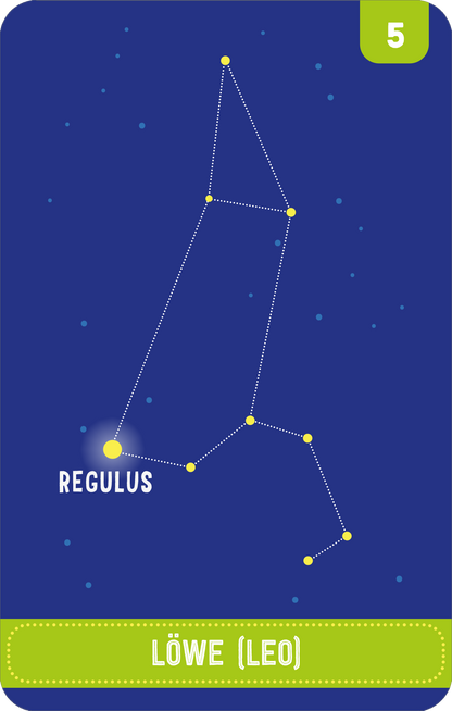 Gezeigt wird eine Innen- oder Zusatzansicht von „Science &amp; Kids – Entdecke die Sternbilder“. Die Abbildung zeigt den Löwen (Leo) mit einer hellblauen Verbindungslinie, die die Sterne des Sternbildes verknüpft. Der Hintergrund ist in einem tiefen Blauton gehalten, während die Sterne in leuchtendem Gelb dargestellt sind. Der Hauptstern „Regulus“ wird besonders hervorgehoben und ist in größerer Schriftgröße platziert. Am unteren Rand befindet sich der Titel „Löwe (Leo)“...
