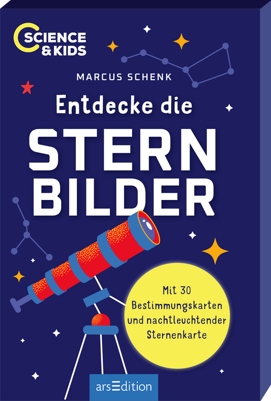 Das Buchcover zeigt einen tiefblauen Hintergrund mit hellen, stylisierten Sternen und einem Teleskop, das in lebhaften Farben abgebildet ist. Der Titel „Entdecke die STERNBILDER“ ist prominent in großer, weißer Schrift platziert. Unter dem Titel steht der Autor Marcus Schenk, ebenfalls in heller Schrift. Ein kleiner Zusatz erklärt „Mit 30 Bestimmungskarten und nachtleuchtender Sternenkarte“. Oben links befindet sich ein Button mit dem Hinweis „SPIEGEL-Bestseller“. Ganz unten...