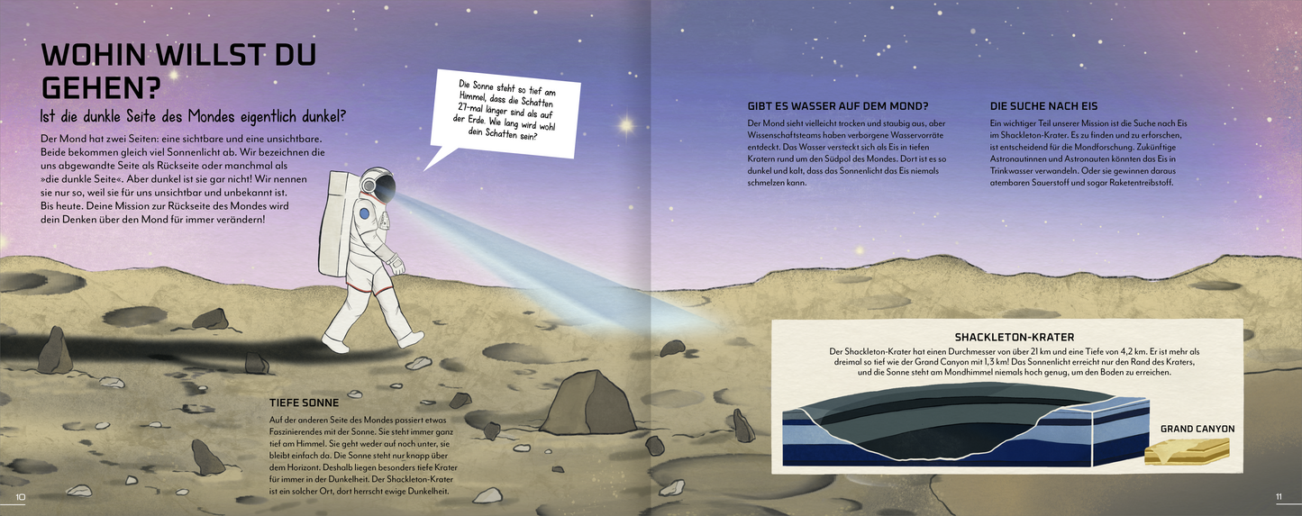 Gezeigt wird eine Innen- oder Zusatzansicht von „Science &amp; Kids – Reise zur dunklen Seite des Mondes“. Die Illustration zeigt einen Astronauten auf der mondartigen Oberfläche, umgeben von felsigen Strukturen und einem tiefblauen, sternenübersäten Himmel. Auf der linken Seite steht die Frage „Wohin willst du gehen?“ in großen, auffälligen Buchstaben. Rechts befinden sich zwei kurze informative Textabschnitte in gut lesbarer, moderner Typografie, ergänzt durch eine grafische...