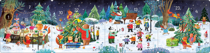 Gezeigt wird eine Innen- oder Zusatzansicht von „Mein erstes Adventskalenderbuch“. Die Illustration zeigt eine winterliche Szene mit einem verschneiten Wald, in dem verschiedene Tiere fröhlich miteinander interagieren. Bunte Farben wie Rot, Grün und Gelb dominieren, während die Typografie die Zahlen der Adventstage klar und ansprechend darstellt. Besonders auffällig ist der geschmückte Weihnachtsbaum, um den sich die Tiere versammeln, was eine festliche Stimmung vermittelt.