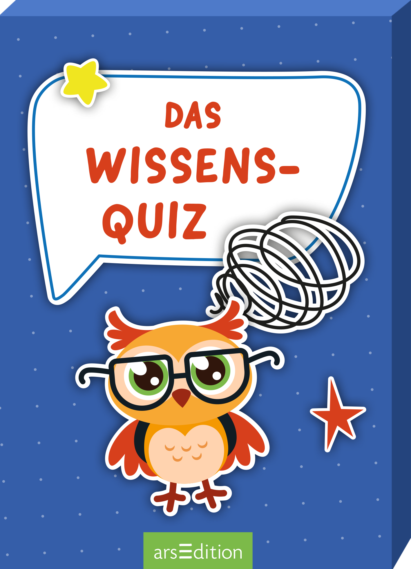 Blaues Cover mit kleinen weißen Punkten, große weiße Sprechblase mit blauer Kontur oben links, darin der Titel „Das Wissens-Quiz“ in kräftiger roter, runder Sans-Serif-Typografie. Darunter eine fröhliche orange-braune Eule mit großen grünen Brillengläsern und ein skizzenhafter Gedankenwirbel rechts, dazu rote Sternchen. Fröhliche, verspielte Atmosphäre. Ganz unten mittig steht der Logoschriftzug von arsEdition.
