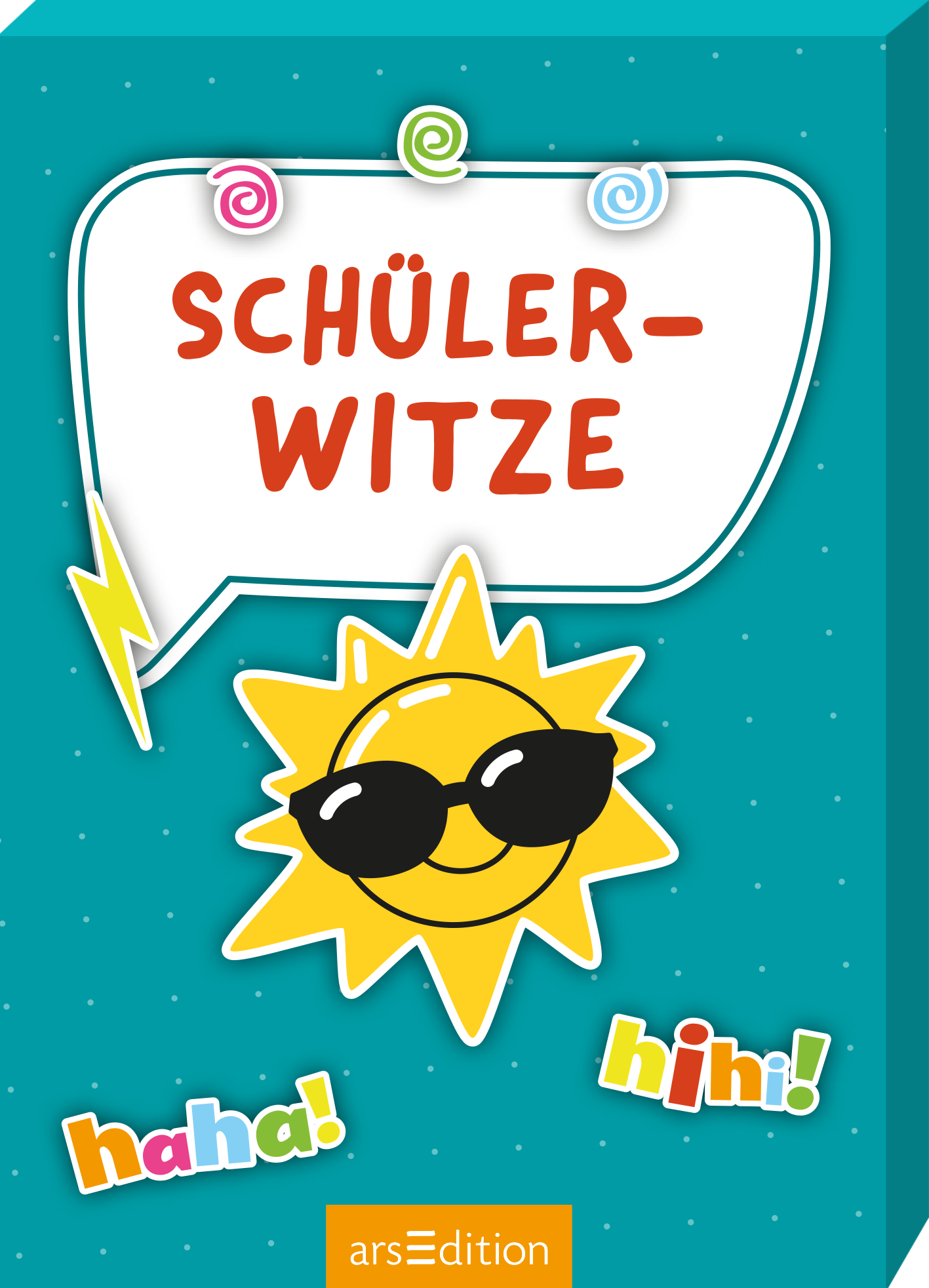 Türkisfarbenes Cover mit feinen Punkten, oben mittig eine große weiße Sprechblase mit abgerundeter Kontur und roter, verspielter Blockschrift SCHÜLER-WITZE. Darunter eine gelbe, fröhliche Sonne mit schwarzer Sonnenbrille und Lächeln, links ein gelber Blitzsticker, unten bunte Sticker mit „haha“ und „hihi“. Verspielte, kindgerechte Atmosphäre, freundliche Illustrationsästhetik. Ganz unten mittig steht der Logoschriftzug von arsEdition.