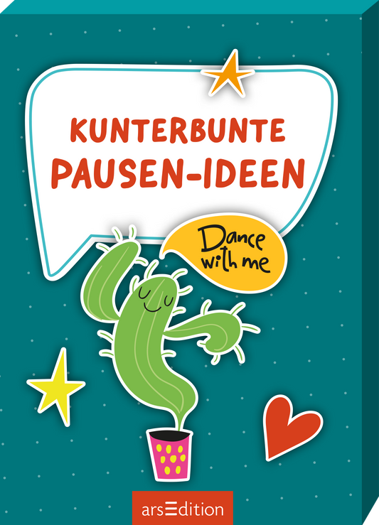 „Kunterbunte Pausen-Ideen“ steht in verspielter, roter Großbuchstaben-Schrift in einer großen weißen Sprechblase mit dünnem türkisgrünen Rand vor einem dunkel-türkisgrünen, gepunkteten Hintergrund. Eine handgezeichnet wirkende, fröhliche grüne Figur wie tanzender Kaktus im pinken Topf mit gelben Punkten, daneben eine gelbe ovale Sprechblase mit handschriftlichem Text „Dance with me“, zwei gelbe Sterne und ein rotes Herz. Verspielt und einladend. Ganz unten mittig steht der...