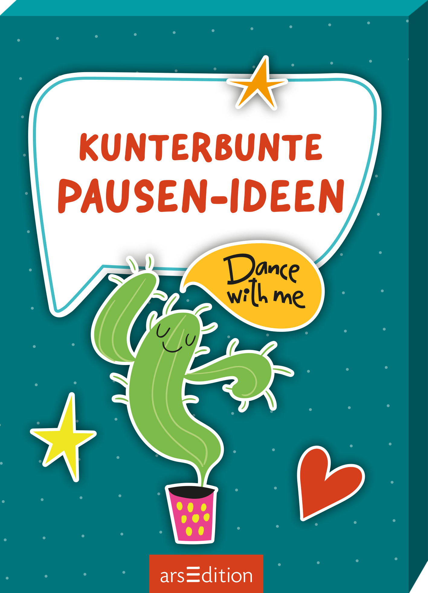 „Kunterbunte Pausen-Ideen“ steht in verspielter, roter Großbuchstaben-Schrift in einer großen weißen Sprechblase mit dünnem türkisgrünen Rand vor einem dunkel-türkisgrünen, gepunkteten Hintergrund. Eine handgezeichnet wirkende, fröhliche grüne Figur wie tanzender Kaktus im pinken Topf mit gelben Punkten, daneben eine gelbe ovale Sprechblase mit handschriftlichem Text „Dance with me“, zwei gelbe Sterne und ein rotes Herz. Verspielt und einladend. Ganz unten mittig steht der...