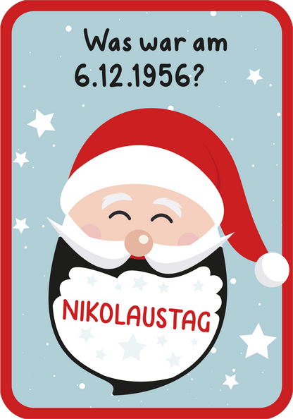 Gezeigt wird eine Innen- oder Zusatzansicht von „Adventskalender – Witze zum Freikratzen“. Auf Türkis-Hintergrund befindet sich ein lächelnder Weihnachtsmann mit rotem Hut und weißem Bart. Er zeigt eine Sprechblase, in der in roter Schrift das Wort „NIKOLAUSTAG“ steht. Um ihn herum sind kleine, weiße Sterne verteilt, die eine festliche Stimmung erzeugen. Die Schrift ist kindlich und gut lesbar, was die ansprechende Gestaltung unterstreicht.