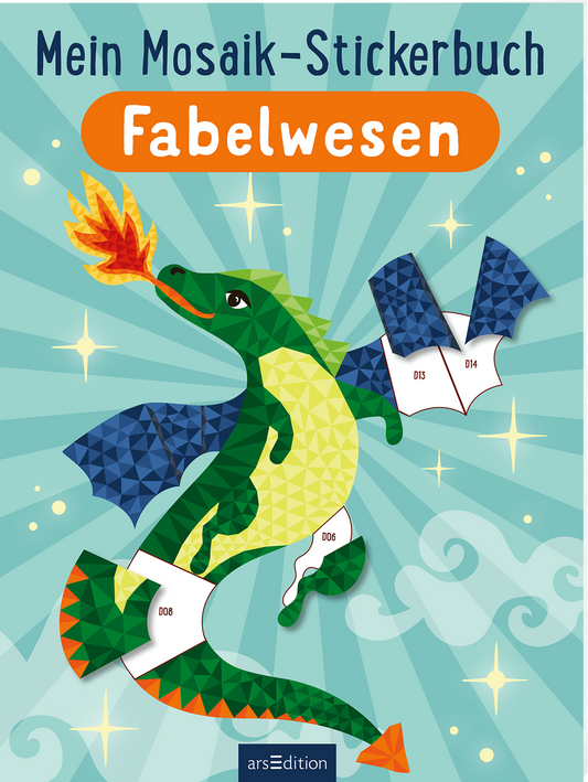 Auf dem Cover des Buches „Mein Mosaik-Stickerbuch Fabelwesen“ ist ein bunter Drache abgebildet, der aus zahlreichen geometrischen Mosaikteilen zusammengesetzt ist. Der Drache ist in verschiedenen Grüntönen gehalten und atmet ein orangefarbenes Feuer. Der Hintergrund zeigt hellblaue Strahlen und Wolken. Der Titel „Fabelwesen“ steht in großer, orangefarbener Schrift, während der Untertitel in dunklerer Schrift darüber platziert ist. Ganz unten mittig steht der Logoschriftzug von...