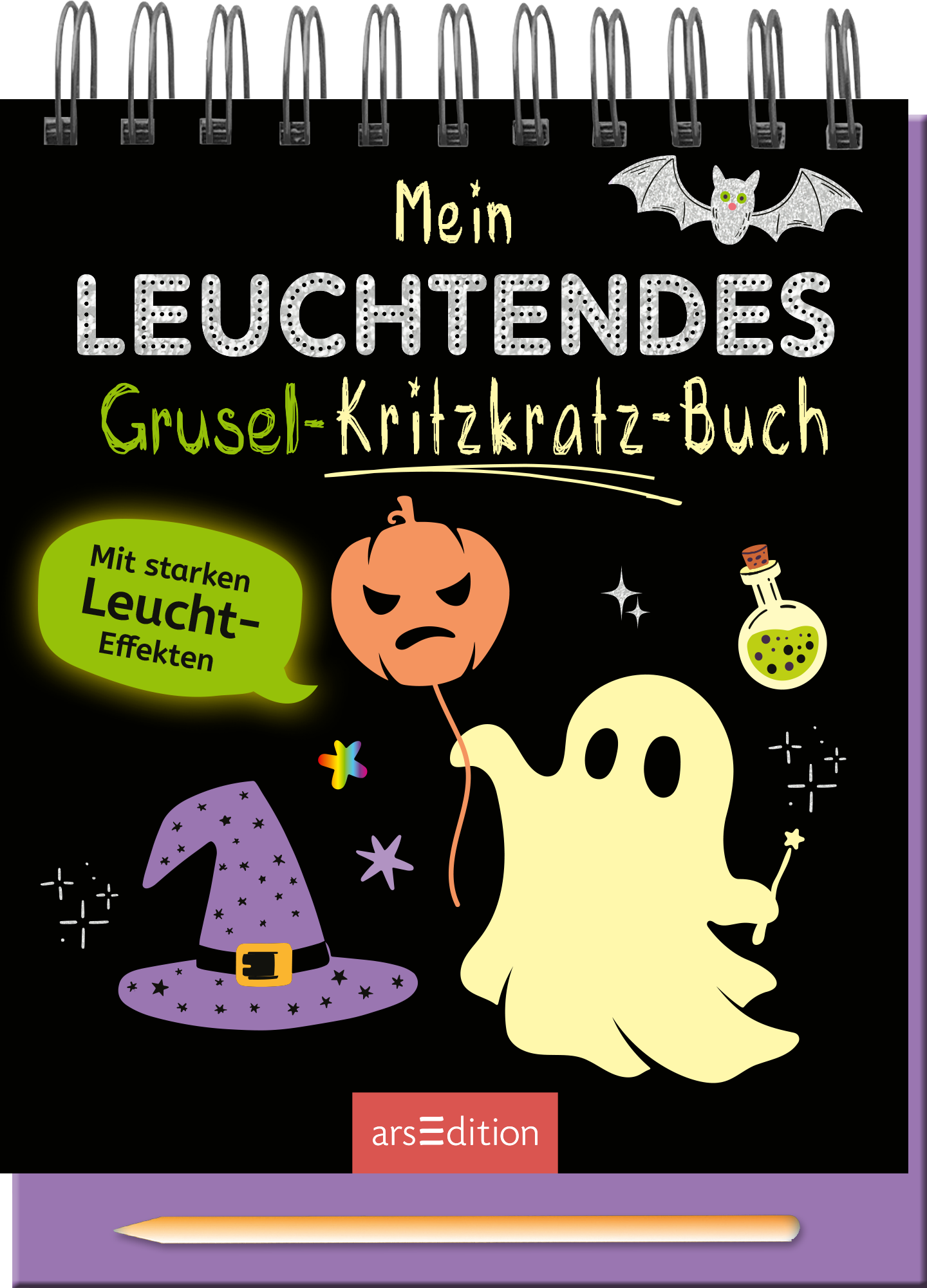 Das Cover zeigt einen dunklen Hintergrund mit lebhaften, bunten Illustrationen. Auffällig sind die Titelzeilen „Mein LEUCHTENDES Grusel-Kritzkratz-Buch“ in spielerischer, weißer Typografie, die durch leuchtende Elemente hervorgehoben werden. Zu sehen sind ein gruseliges Gespenst, ein orangefarbener Kürbis mit Gesicht, ein lila Zauberhut und ein Glas mit grüner Flüssigkeit. Ein Hinweistext in grün betont „Mit starken Leucht-Effekten“. Ganz unten mittig steht der Logoschriftzug von...