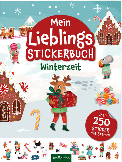 Fröhliches winterliches Kinderbuchcover in pastellhellen Blau- und Rottönen mit Schneelandschaft, Lebkuchenhäuschen und kleinen Figuren. Großer roter Titelkreis mit weißer, handschriftlicher, fetter Schrift „Mein Lieblings Stickerbuch“, darunter grüner Schriftzug „Winterzeit“. Zentral ein Rentierkind mit Geschenk, rechts ein roter Störer „über 250 STICKER mit Szenen“. Verspielte Typografie und warme einladende Atmosphäre. Ganz unten mittig steht der Logoschriftzug von...