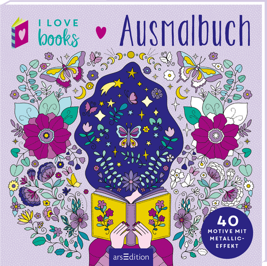 Das Cover zeigt eine farbenfrohe Gestaltung in lila, mit einer Vielzahl von Blumen und Schmetterlingen, die den Hintergrund schmücken. Im Vordergrund hält eine Person ein aufgeschlagenes Buch, aus dem fantasievolle Motive und Sterne hervorströmen. Oben links steht in Türkis „I LOVE books“ und der Titel „Ausmalbuch“ ist in einer verspielten Schriftart in dunkellila gesetzt. Unten rechts befindet sich ein Hinweis auf „40 Motive mit Metallic-Effekt“. Ganz unten mittig steht der...