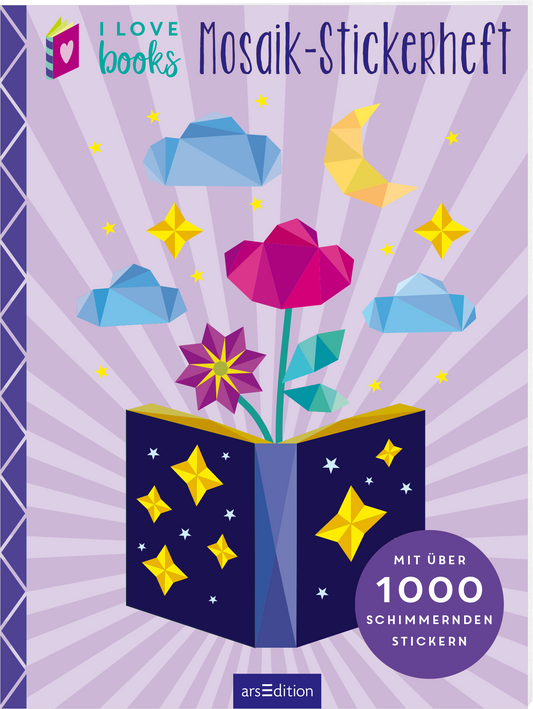 Das Buchcover zeigt ein buntes Mosaik-Stickerbild mit einer stilisierten Blume in kräftigen Rot- und Violetttönen, umgeben von verschiedenen geometrischen Wolken in Blau und Gelb. Im Hintergrund strahlen leuchtende Sterne vor einem lila Hintergrund mit radialen Linien. Oben links steht der Schriftzug „I LOVE BOOKS“ in einer verspielten, modernen Typografie. Am unteren Rand des Covers findet sich der Hinweis „MIT ÜBER 1000 SCHIMMERNDEN STICKERN“. Ganz unten mittig steht der...