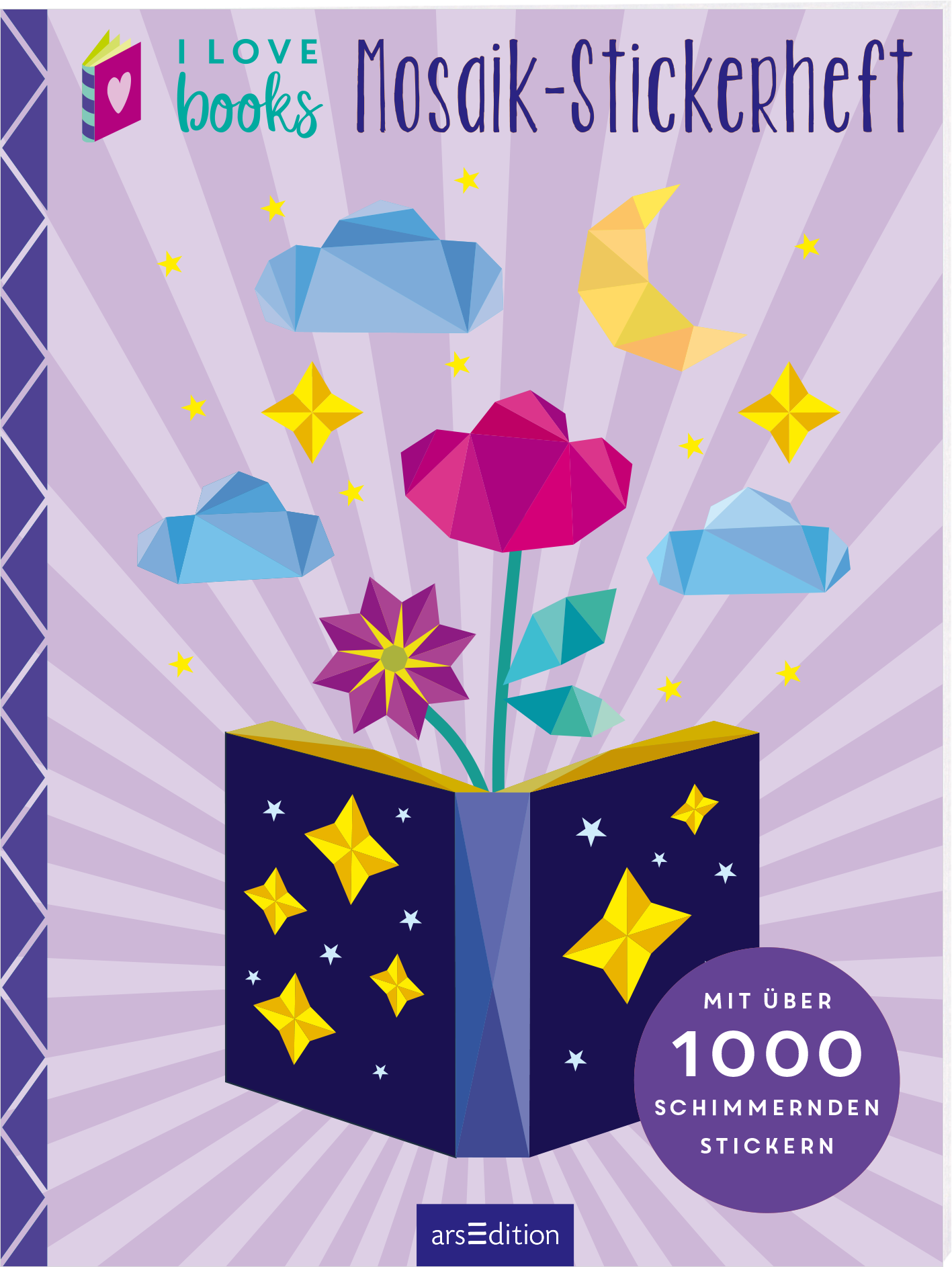 Das Buchcover zeigt ein buntes Mosaik-Stickerbild mit einer stilisierten Blume in kräftigen Rot- und Violetttönen, umgeben von verschiedenen geometrischen Wolken in Blau und Gelb. Im Hintergrund strahlen leuchtende Sterne vor einem lila Hintergrund mit radialen Linien. Oben links steht der Schriftzug „I LOVE BOOKS“ in einer verspielten, modernen Typografie. Am unteren Rand des Covers findet sich der Hinweis „MIT ÜBER 1000 SCHIMMERNDEN STICKERN“. Ganz unten mittig steht der...