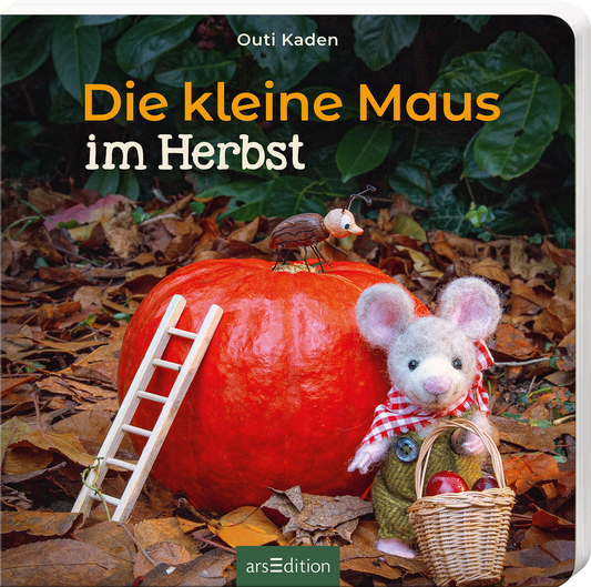 Auf dem Buchcover „Die kleine Maus im Herbst“ von Outi Kaden steht eine niedliche Maus neben einem großen, orangefarbenen Kürbis. Die Maus trägt einen Korb und eine gestreifte Schürze. Neben ihr, auf dem Kürbis, sitzt ein winziger Käfer. Im Hintergrund sind grüne Blätter und herbstliches Laub zu sehen. Der Titel ist in großen, hellen Buchstaben oberhalb der Grafik platziert. Ganz unten mittig steht der Logoschriftzug von arsEdition.