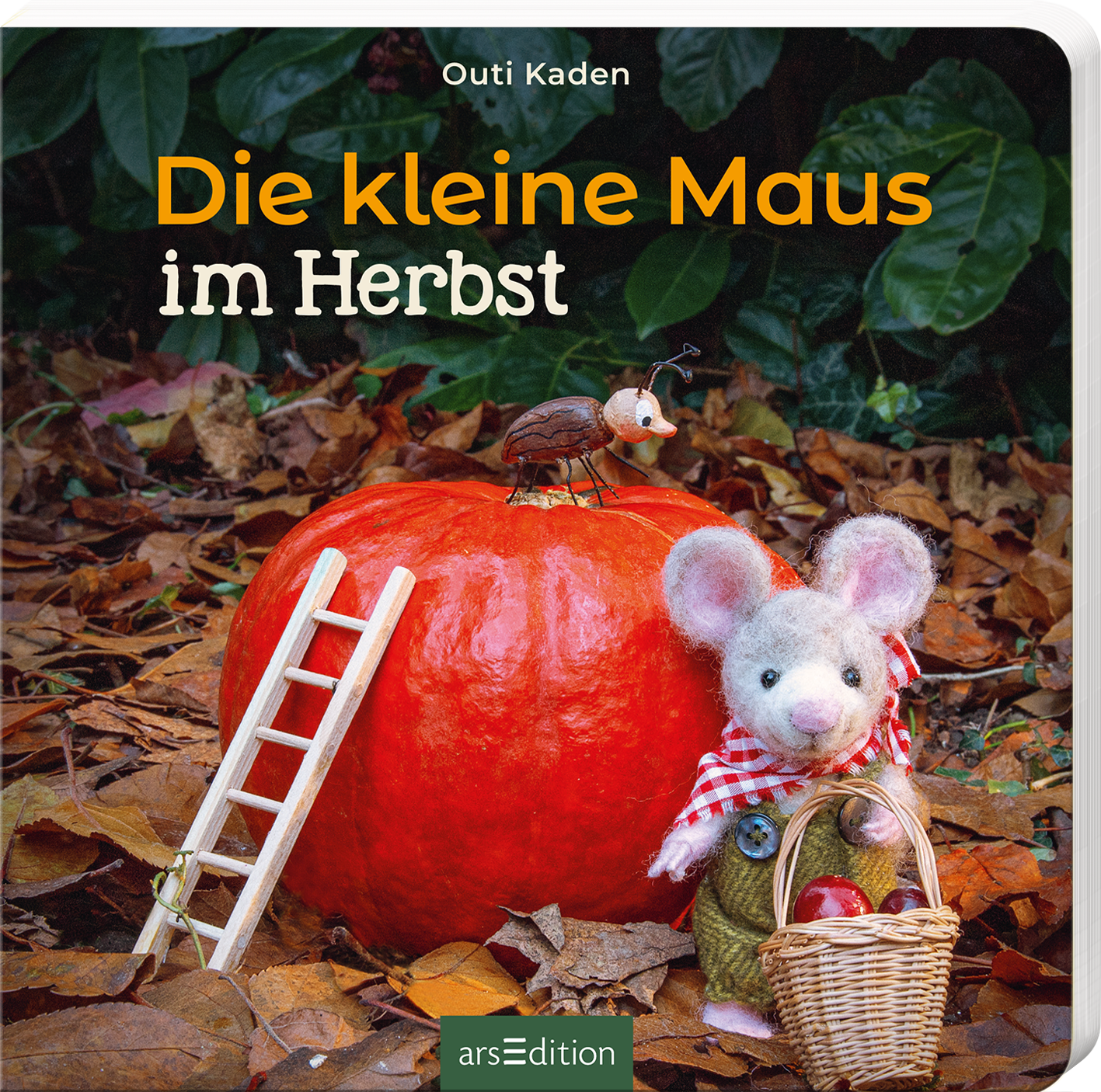 Auf dem Buchcover „Die kleine Maus im Herbst“ von Outi Kaden steht eine niedliche Maus neben einem großen, orangefarbenen Kürbis. Die Maus trägt einen Korb und eine gestreifte Schürze. Neben ihr, auf dem Kürbis, sitzt ein winziger Käfer. Im Hintergrund sind grüne Blätter und herbstliches Laub zu sehen. Der Titel ist in großen, hellen Buchstaben oberhalb der Grafik platziert. Ganz unten mittig steht der Logoschriftzug von arsEdition.