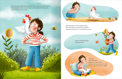 Gezeigt wird eine Innenansicht von „Pollys Huhn kommt in den Himmel“. Die Illustration zeigt ein fröhliches Kind mit braunen, lockigen Haaren, das ein gestreiftes Oberteil und Jeans trägt. Neben dem Kind steht ein weißes Huhn, während bunte Blumen und eine Biene im Hintergrund zu sehen sind. Die sanften, pastellfarbenen Hintergründe in Blau und Gelb schaffen eine einladende Atmosphäre. Typografisch sind die Texte in klaren, spielerischen Schriftarten dargestellt, die die kindgerechte...