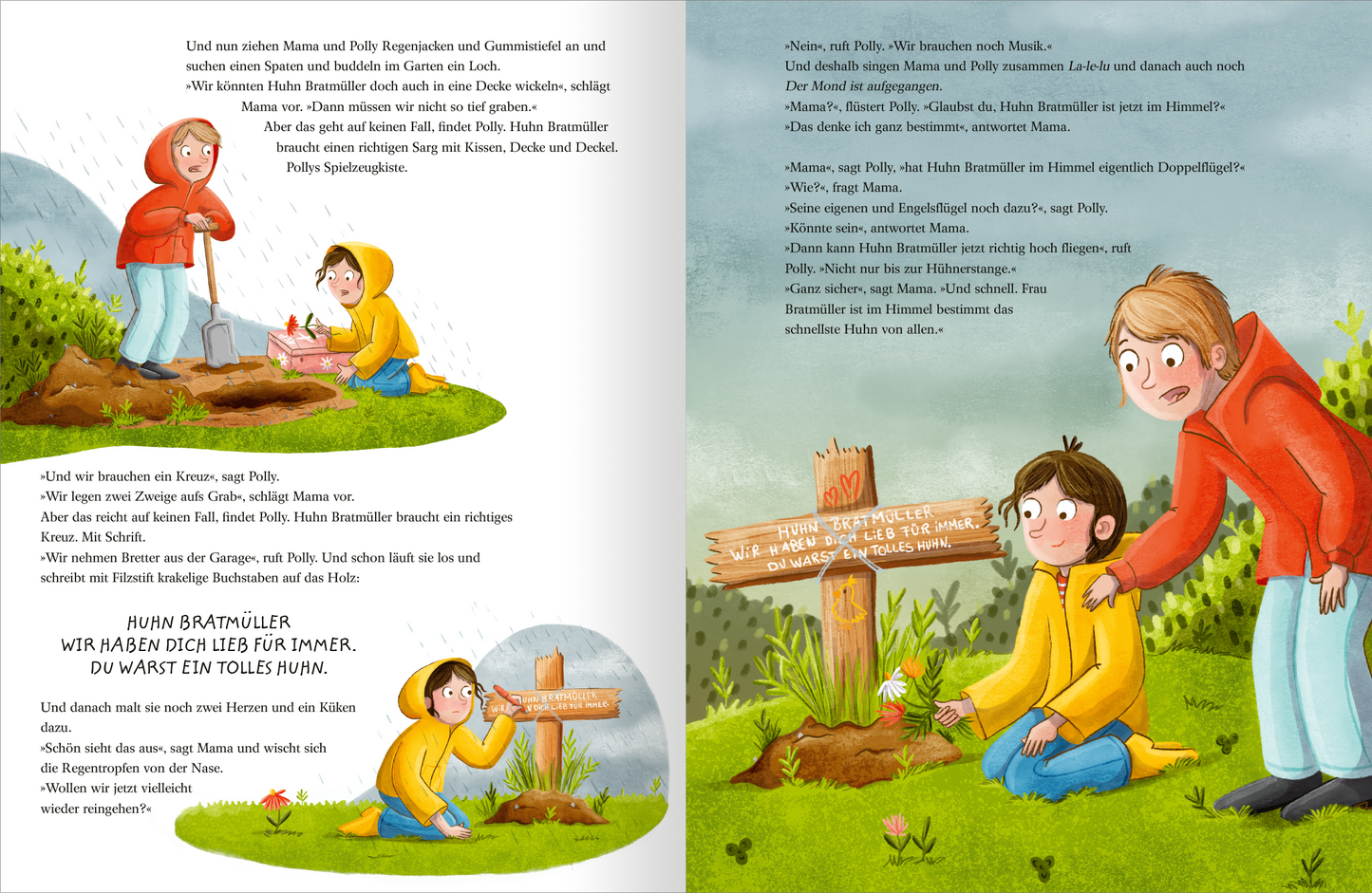 Gezeigt wird eine Innen- oder Zusatzansicht von „Pollys Huhn kommt in den Himmel“. Das Bild zeigt eine grüne Wiese mit bunten Blumen und einem blauen Himmel. Auf der linken Seite steht ein Schild mit dem Text „Hier lebt Polly“. Zwei fröhliche Kinder stehen in der Mitte, eines mit gestreiftem Shirt und das andere mit einem blauen Outfit. Im Hintergrund sind ein Zaun und einige Heuballen zu sehen, die das ländliche Setting unterstreichen.