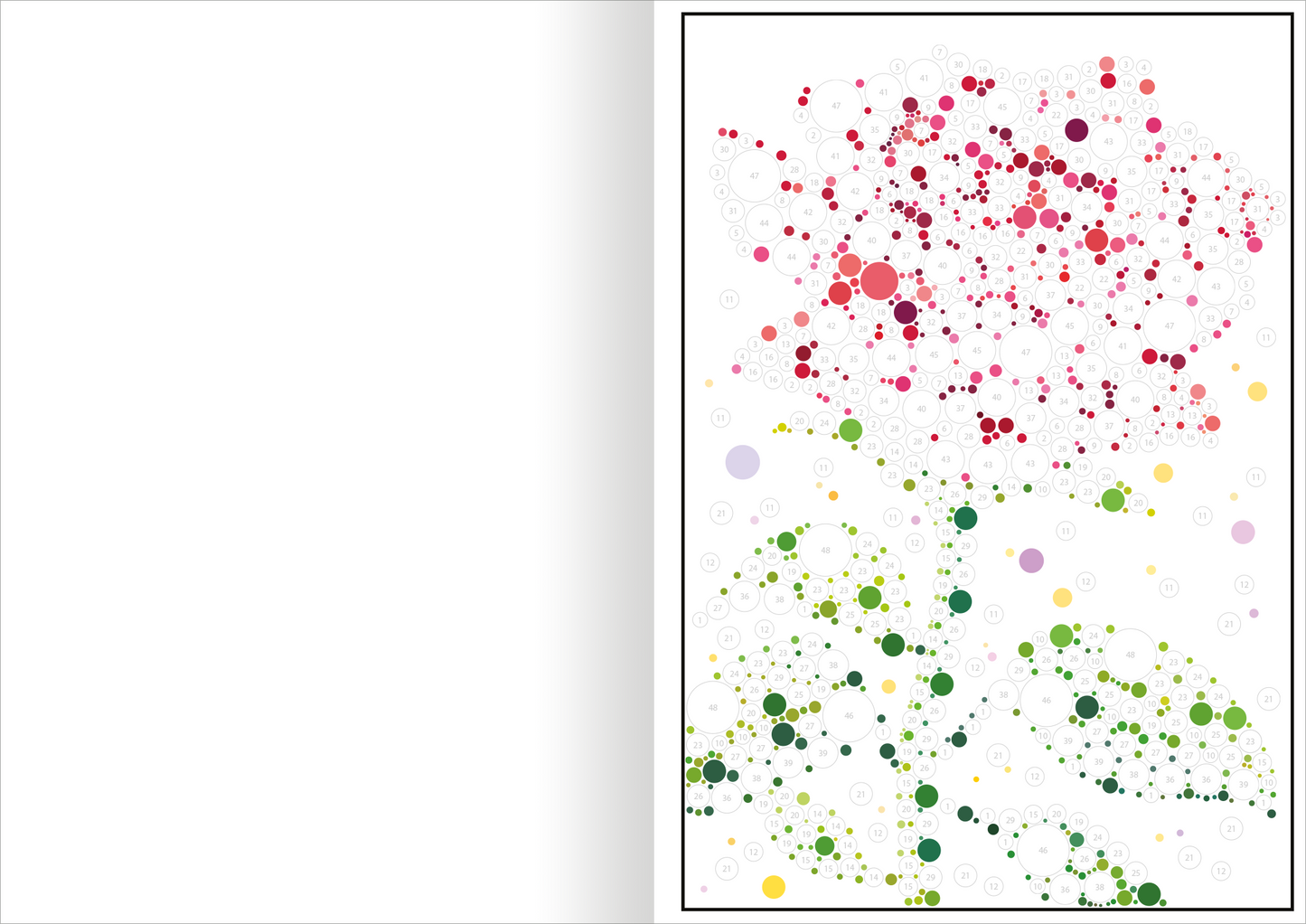Gezeigt wird eine Innen- oder Zusatzansicht von „Stickern nach Zahlen – Wunderbare Natur“. Die Darstellung zeigt eine stilisierte Rose, bestehend aus zahlreichen bunten Punkten in verschiedenen Rottönen, die harmonisch auf einem weißen Hintergrund angeordnet sind. Die grünen Blätter und der Stängel sind ebenfalls aus Punkten in verschiedenen Grüntönen und gelben Akzenten gestaltet. Die Typografie ist modern und einfach gehalten, um die visuelle Klarheit zu betonen.
