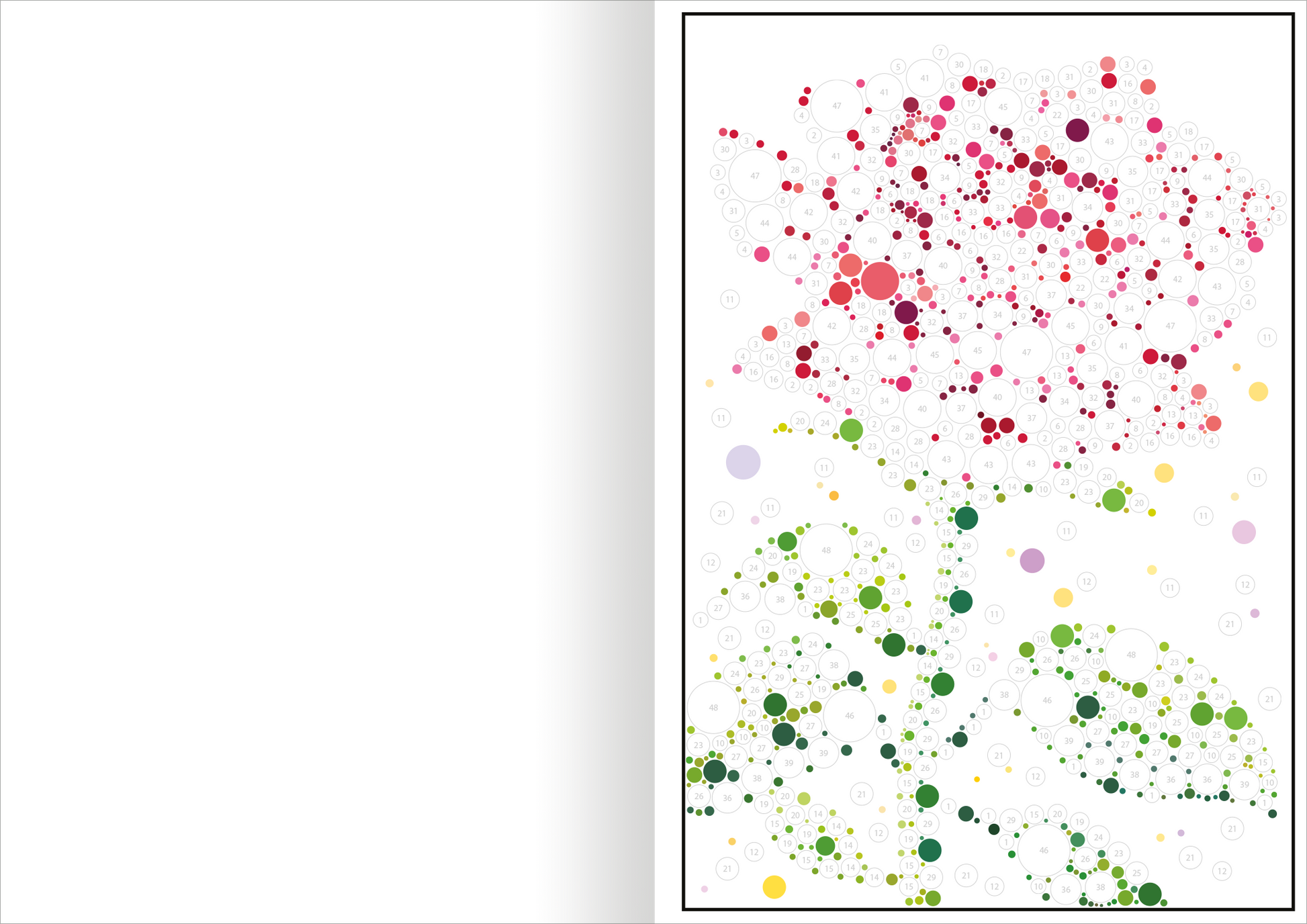 Gezeigt wird eine Innen- oder Zusatzansicht von „Stickern nach Zahlen – Wunderbare Natur“. Die Darstellung zeigt eine stilisierte Rose, bestehend aus zahlreichen bunten Punkten in verschiedenen Rottönen, die harmonisch auf einem weißen Hintergrund angeordnet sind. Die grünen Blätter und der Stängel sind ebenfalls aus Punkten in verschiedenen Grüntönen und gelben Akzenten gestaltet. Die Typografie ist modern und einfach gehalten, um die visuelle Klarheit zu betonen.