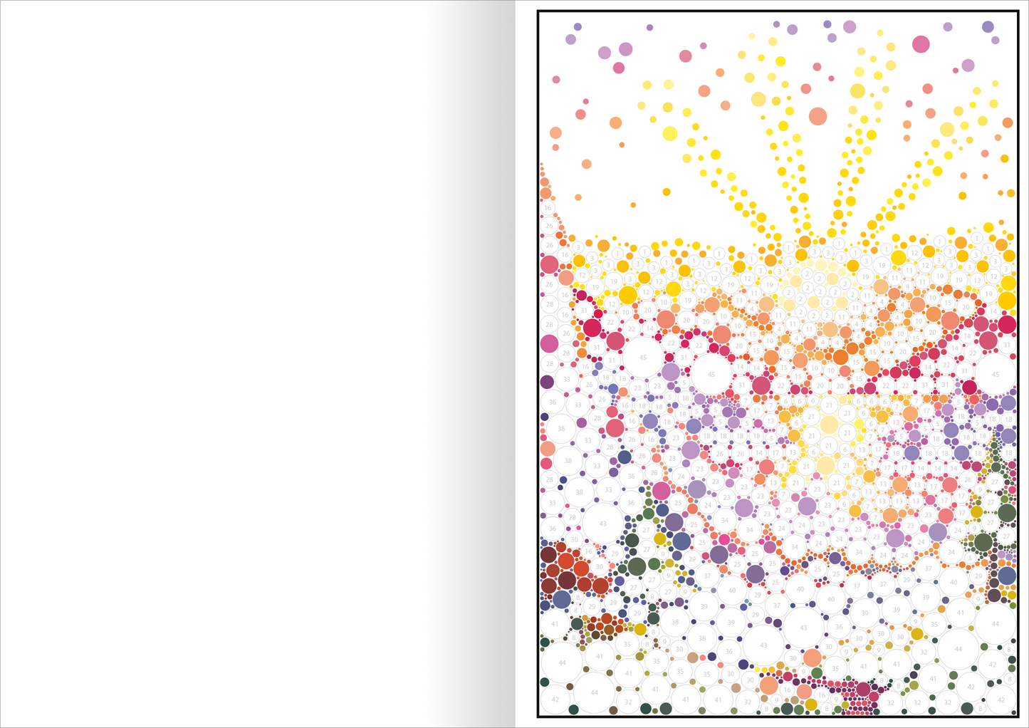 Gezeigt wird eine Innen- oder Zusatzansicht von „Stickern nach Zahlen – Wunderbare Natur“. Die Darstellung zeigt ein farbenfrohes Muster aus verschiedenen Kreisen in leuchtenden Farben wie Gelb, Orange, Pink und Lila, die in einem harmonischen Verlauf angeordnet sind. Die oberen Bereiche symbolisieren eine strahlende Sonne, während die unteren Abschnitte lebendige Landschaftselemente andeuten. Die Typografie ist modern und klar, wobei der Fokus auf den bunten, spielerischen Formen liegt.