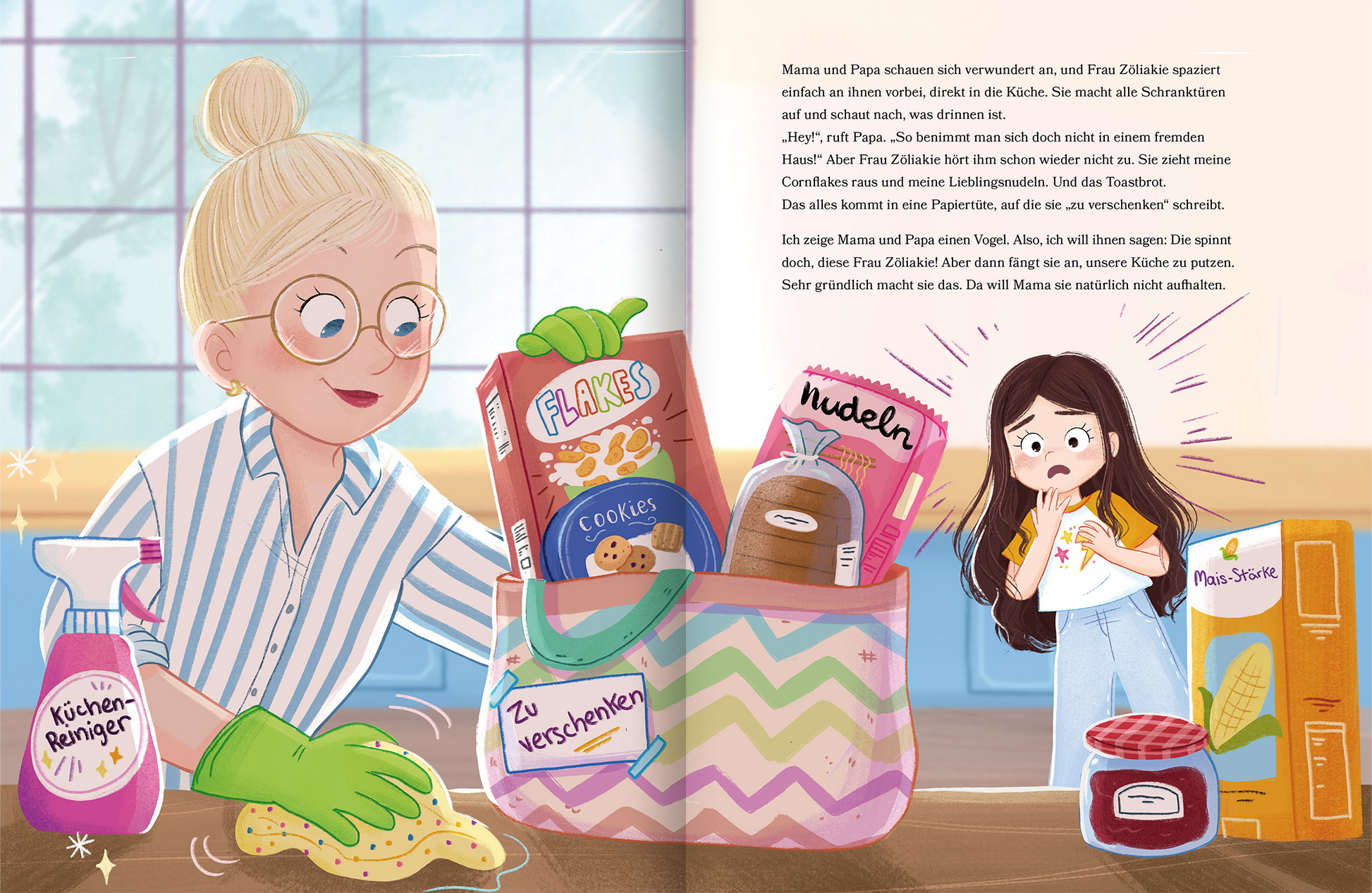 Gezeigt wird eine Innen- oder Zusatzansicht von „Der unerwünschte Gast“. Die Abbildung zeigt zwei weibliche Figuren in einer Küche. Eine der Damen mit blonden Haaren und einer Hochsteckfrisur trägt eine gestreifte Bluse und grüne Handschuhe, während sie eine bunte Kiste mit Lebensmitteln durchstöbert. Die andere Figur mit langen braunen Haaren zeigt einen überraschten Ausdruck. Im Vordergrund sind verschiedene Verpackungen sichtbar, darunter „Flakes“, „Nudeln“ und ein Glas...