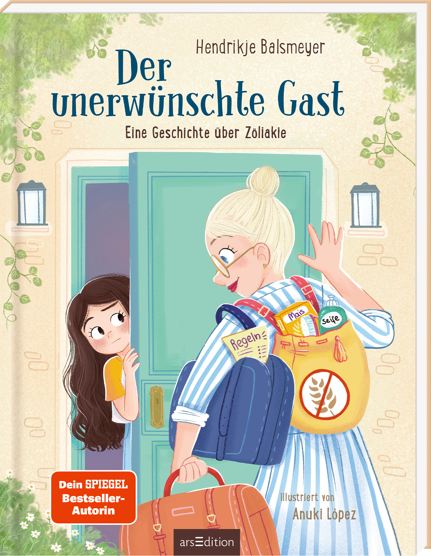 Das Buchcover zeigt zwei Mädchen vor einer offenen Tür. Die Protagonistin mit blonden Haaren und einem blauen Outfit lächelt, während das Mädchen mit dunklen Haaren überrascht schaut. Die Farbpalette umfasst sanfte Grün- und Blautöne, die eine freundliche Atmosphäre vermitteln. Der Titel „Der unerwünschte Gast“ ist in großen, verspielten Buchstaben oben sichtbar, gefolgt von der Unterzeile „Eine Geschichte über Zöliakie“. Ein „Dein SPIEGEL Bestseller-Autorin“-Button ist...