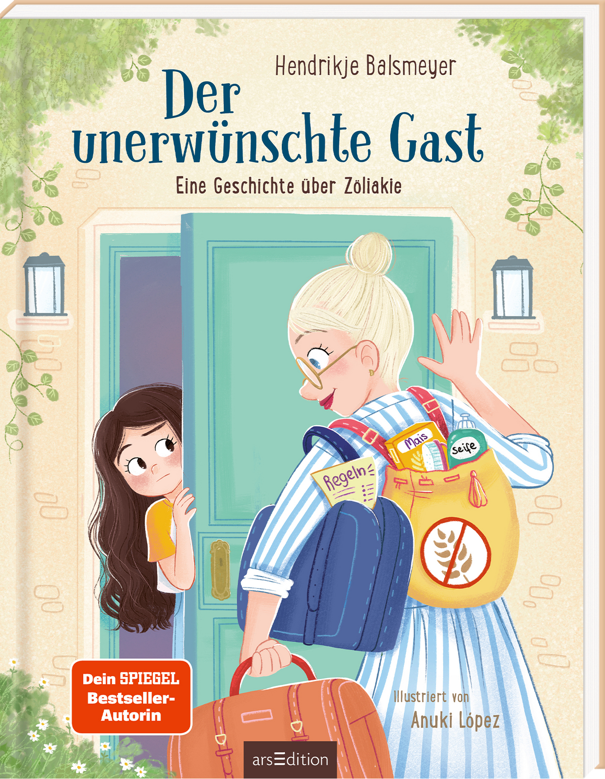 Das Buchcover zeigt zwei Mädchen vor einer offenen Tür. Die Protagonistin mit blonden Haaren und einem blauen Outfit lächelt, während das Mädchen mit dunklen Haaren überrascht schaut. Die Farbpalette umfasst sanfte Grün- und Blautöne, die eine freundliche Atmosphäre vermitteln. Der Titel „Der unerwünschte Gast“ ist in großen, verspielten Buchstaben oben sichtbar, gefolgt von der Unterzeile „Eine Geschichte über Zöliakie“. Ein „Dein SPIEGEL Bestseller-Autorin“-Button ist...