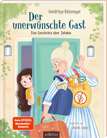 Das Buchcover zeigt zwei Mädchen vor einer offenen Tür. Die Protagonistin mit blonden Haaren und einem blauen Outfit lächelt, während das Mädchen mit dunklen Haaren überrascht schaut. Die Farbpalette umfasst sanfte Grün- und Blautöne, die eine freundliche Atmosphäre vermitteln. Der Titel „Der unerwünschte Gast“ ist in großen, verspielten Buchstaben oben sichtbar, gefolgt von der Unterzeile „Eine Geschichte über Zöliakie“. Ein „Dein SPIEGEL Bestseller-Autorin“-Button ist...