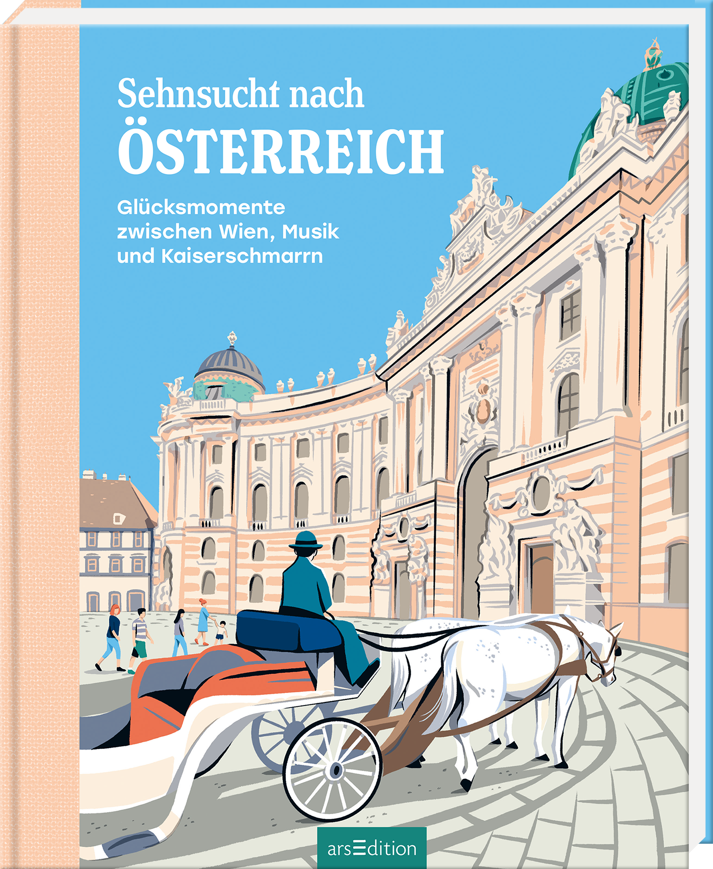 Das Buchcover zeigt ein künstlerisches Bild eines historischen Gebäudes in sanften Pastellfarben. Im Vordergrund fährt eine mit einem Pferd gezogene Kutsche, in der ein voller Platz mit einem elegant gekleideten Menschen sichtbar ist. Der Titel „Sehnsucht nach ÖSTERREICH“ ist groß und auffällig in Weiß platziert, während der Untertitel „Glücksmomente zwischen Wien, Musik und Kaiserschmarrn“ in kleinerer Schrift darunter zu sehen ist. Ganz unten mittig steht der Logoschriftzug...