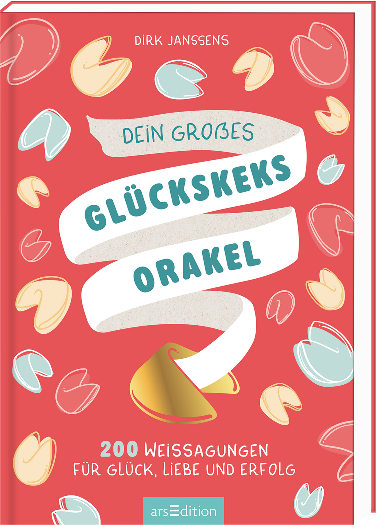 Das Buchcover zeigt einen lebhaften roten Hintergrund, der mit stilisierten Glückskeksen in verschiedenen Farben verziert ist. In der Mitte des Covers ist ein breites, weißes Banner mit den Worten „DEIN GROßES GLÜCKSKEKSORAKEL“ in einer verspielten, blauen Schrift platziert. Darunter steht in kleiner Schrift „200 WEISSAGUNGEN FÜR GLÜCK, LIEBE UND ERFOLG“. Ganz unten mittig steht der Logoschriftzug von arsEdition.