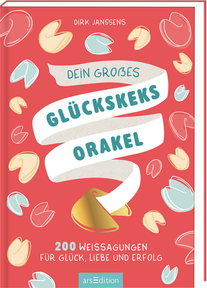 Das Buchcover zeigt einen lebhaften roten Hintergrund, der mit stilisierten Glückskeksen in verschiedenen Farben verziert ist. In der Mitte des Covers ist ein breites, weißes Banner mit den Worten „DEIN GROßES GLÜCKSKEKSORAKEL“ in einer verspielten, blauen Schrift platziert. Darunter steht in kleiner Schrift „200 WEISSAGUNGEN FÜR GLÜCK, LIEBE UND ERFOLG“. Ganz unten mittig steht der Logoschriftzug von arsEdition.