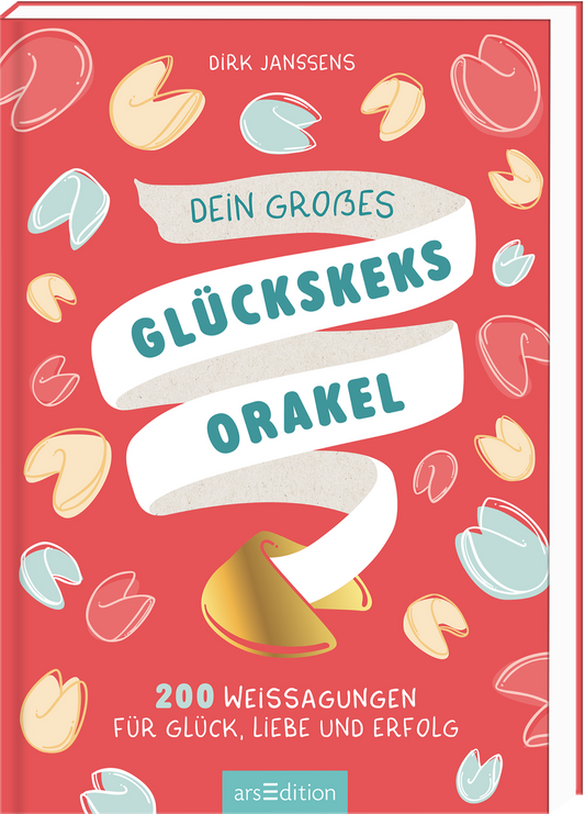 Das Buchcover zeigt einen lebhaften roten Hintergrund, der mit stilisierten Glückskeksen in verschiedenen Farben verziert ist. In der Mitte des Covers ist ein breites, weißes Banner mit den Worten „DEIN GROßES GLÜCKSKEKSORAKEL“ in einer verspielten, blauen Schrift platziert. Darunter steht in kleiner Schrift „200 WEISSAGUNGEN FÜR GLÜCK, LIEBE UND ERFOLG“. Ganz unten mittig steht der Logoschriftzug von arsEdition.