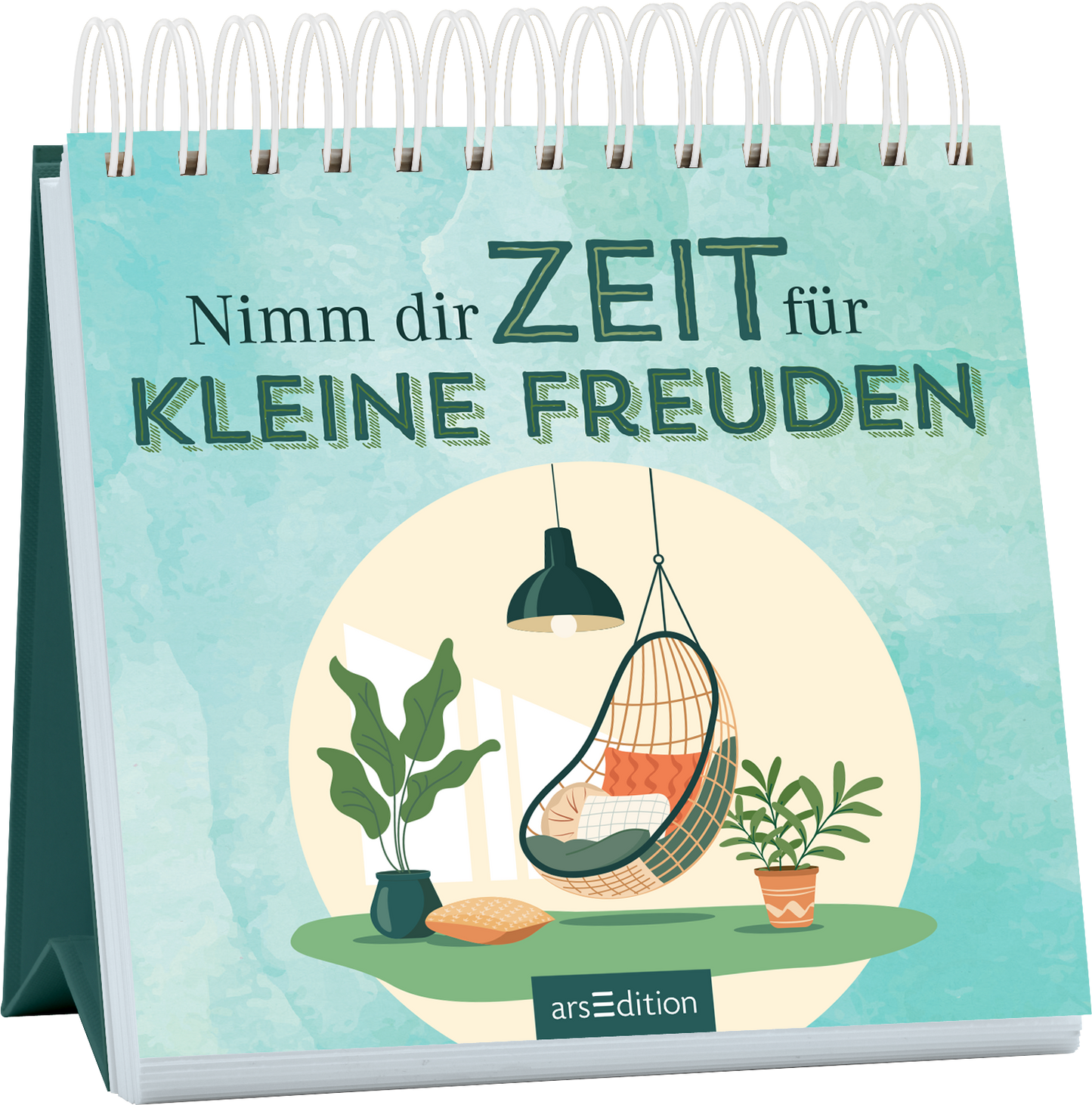 Das Buchcover zeigt einen sanften, pastellgrünen Hintergrund mit aquarellartigen Farbverläufen. In der Mitte ist ein runder Rahmen, der eine gemütliche Ecke mit einem hängenden Stuhl, Pflanzen und einem Stuhl mit einem Kissen darstellt. Der Titel „Nimm dir ZEIT für KLEINE FREUDEN“ ist in großen, typografisch verspielten Buchstaben in Dunkelgrün und Schwarz gestaltet. Ganz unten mittig steht der Logoschriftzug von arsEdition.