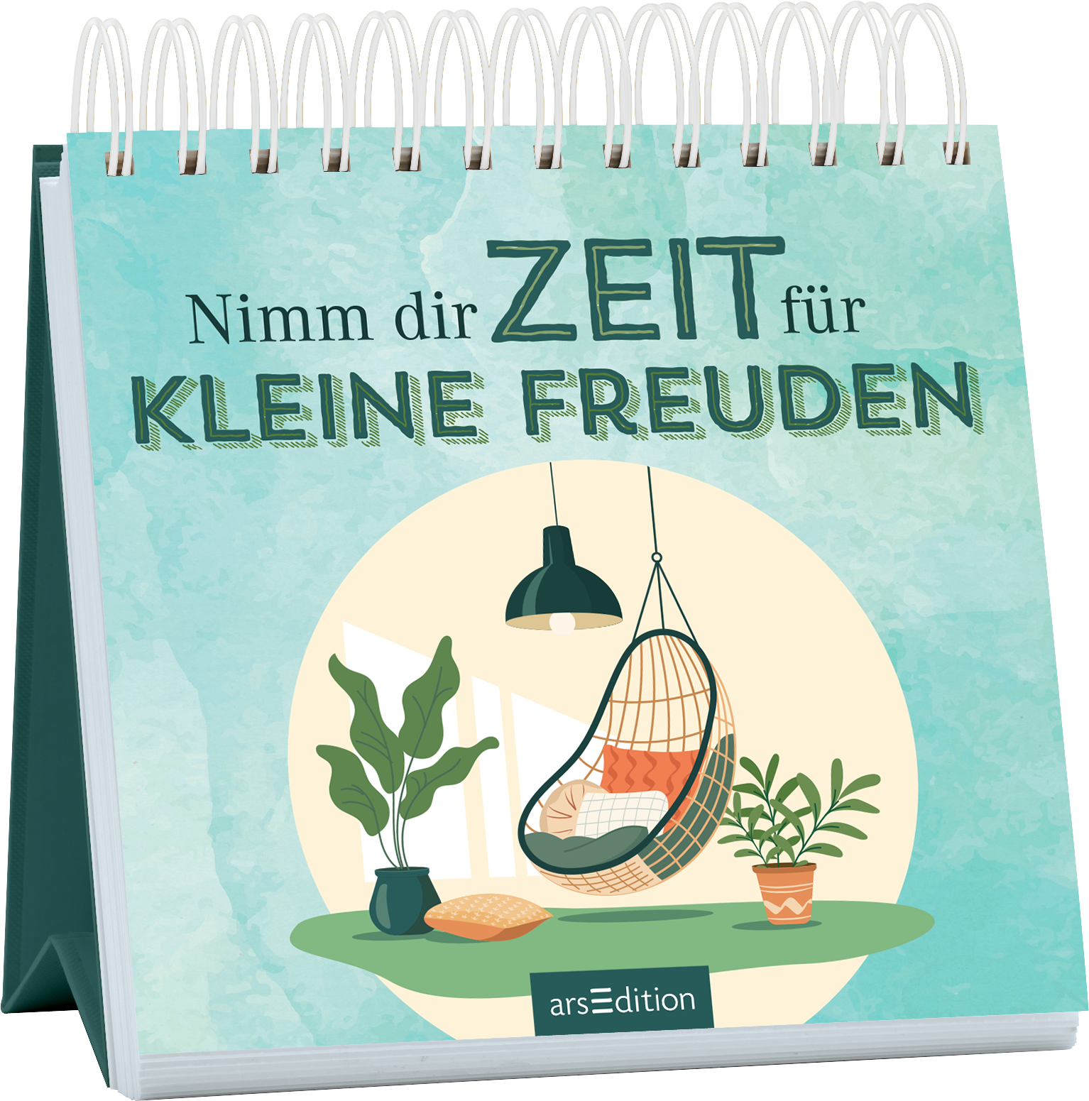 Das Buchcover zeigt einen sanften, pastellgrünen Hintergrund mit aquarellartigen Farbverläufen. In der Mitte ist ein runder Rahmen, der eine gemütliche Ecke mit einem hängenden Stuhl, Pflanzen und einem Stuhl mit einem Kissen darstellt. Der Titel „Nimm dir ZEIT für KLEINE FREUDEN“ ist in großen, typografisch verspielten Buchstaben in Dunkelgrün und Schwarz gestaltet. Ganz unten mittig steht der Logoschriftzug von arsEdition.