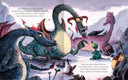 Gezeigt wird eine Innen- oder Zusatzansicht von „Ritter und Drachen haben gut lachen“. Die Szene zeigt eine Gruppe bunter Drachen in einer fantasievollen Umgebung, wobei kräftige Farben wie Blau, Grün und Rot dominieren. Die Drachen haben unterschiedliche Ausdrücke und Formen, von freundlich bis schelmisch. In der unteren Ecke ist ein kleiner Drache abgebildet, der neugierig wirkt. Die schriftlichen Elemente sind in einer spielerischen, klaren Typografie gehalten, die zur humorvollen...