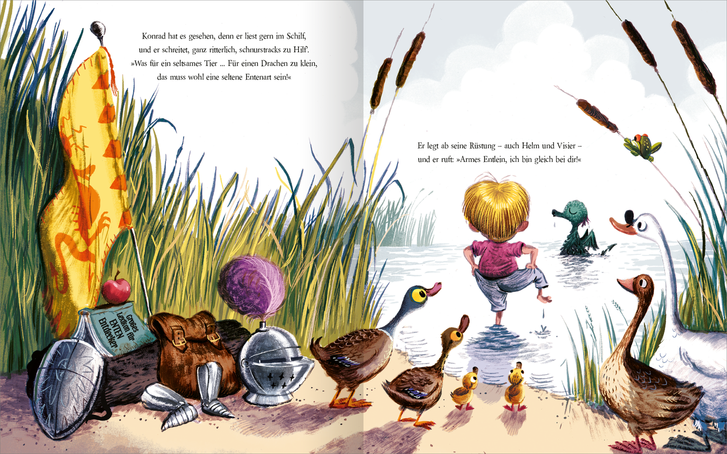 Gezeigt wird eine Innen- oder Zusatzansicht von „Ritter und Drachen haben gut lachen“. Die Illustration zeigt einen farbenfrohen, lebendigen Teichrand mit verschiedenen Tieren, darunter Enten und einen kleinen Jungen, der mit angespannter Miene am Wasser spielt. Er trägt ein rotes Oberteil und blickt neugierig zum Teich. Die Farben sind kräftig und warm, mit dominierenden Gelb- und Grüntönen, die eine freundliche Atmosphäre schaffen. Der Text ist in einer klaren, kinderfreundlichen...